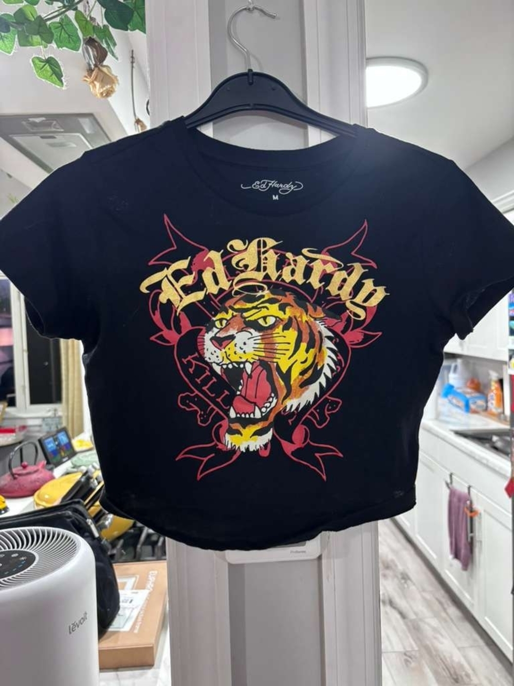 Ed Hardy Black Tee with Gold Script and Red Accents
